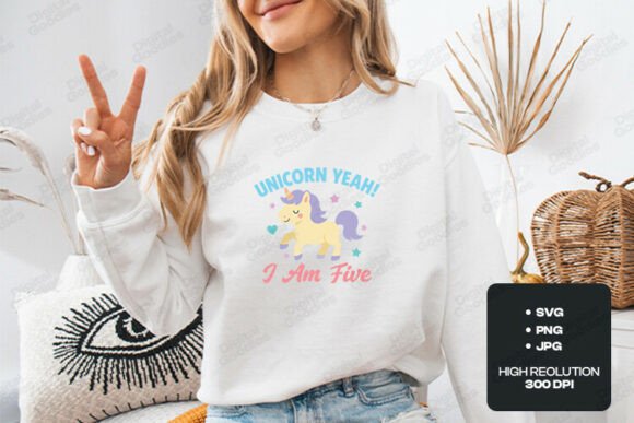 Unicorn Yeah I Am Five Birthday Fun Kids Graphics